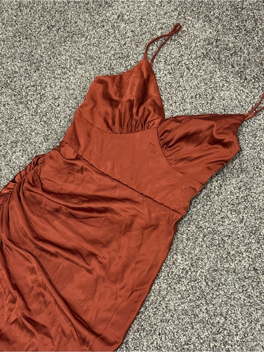 NWT Db Studio Ruched High-Low Satin Slip Dress in Copper Brown - Picture 3 of 7